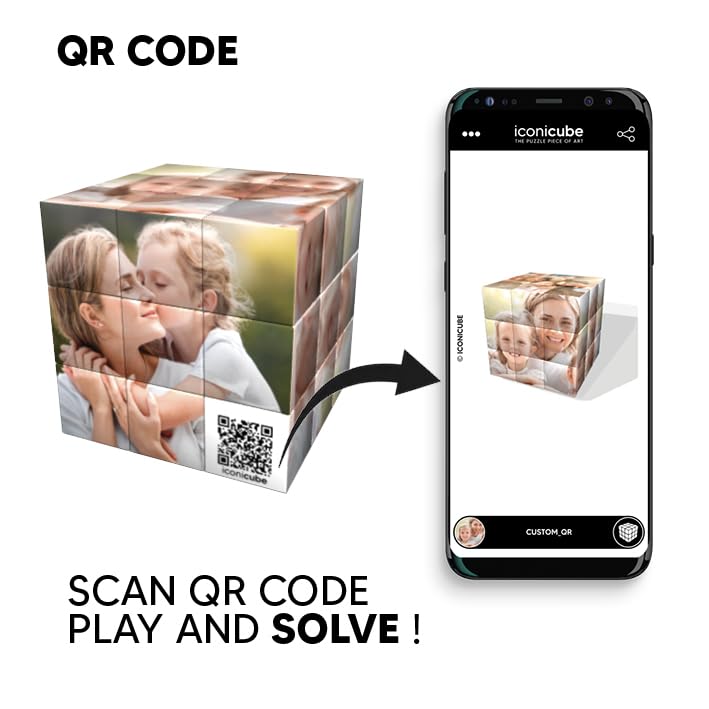 ICONICUBE Photo Puzzle Cube Personnalisé - QR Code pour Une Résolution Facile - Cadeau Unique pour Anniversaire, Noël, Parents, Amis, Entreprises - Made in France