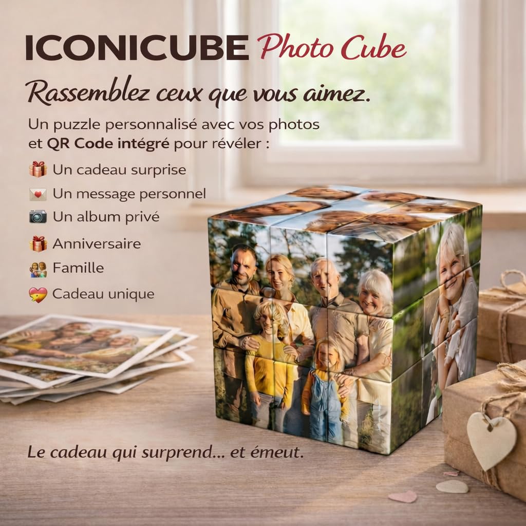 ICONICUBE Photo Puzzle Cube Personnalisé - QR Code pour Une Résolution Facile - Cadeau Unique pour Anniversaire, Noël, Parents, Amis, Entreprises - Made in France