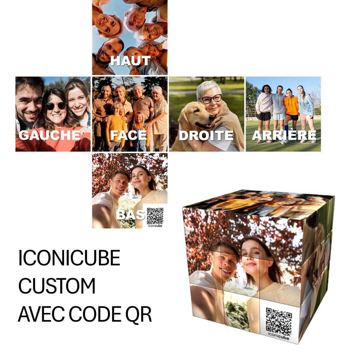ICONICUBE Photo Puzzle Cube Personnalisé - QR Code pour Une Résolution Facile - Cadeau Unique pour Anniversaire, Noël, Parents, Amis, Entreprises - Made in France